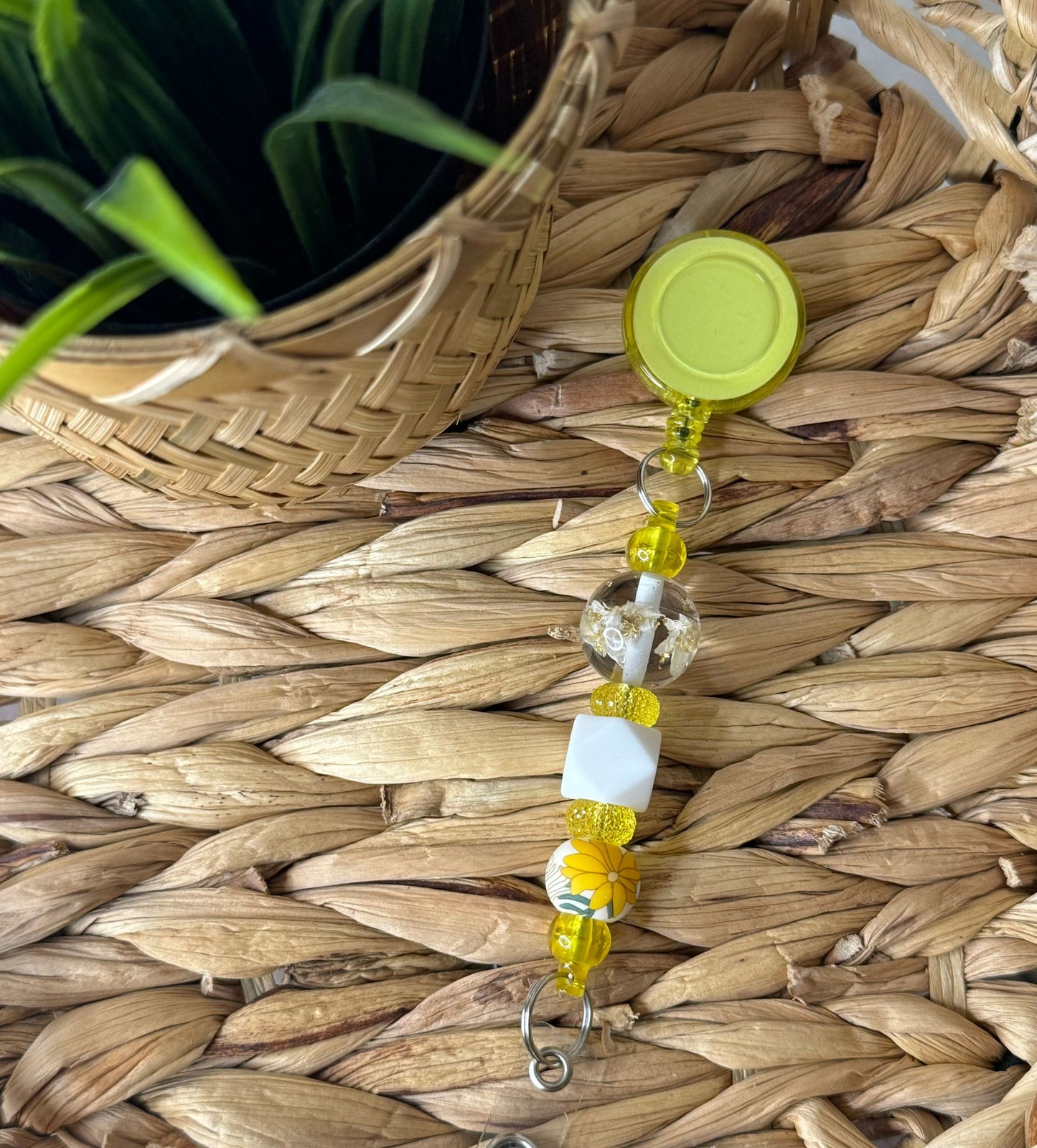 Yellow Flower Badge Reel w/Beads