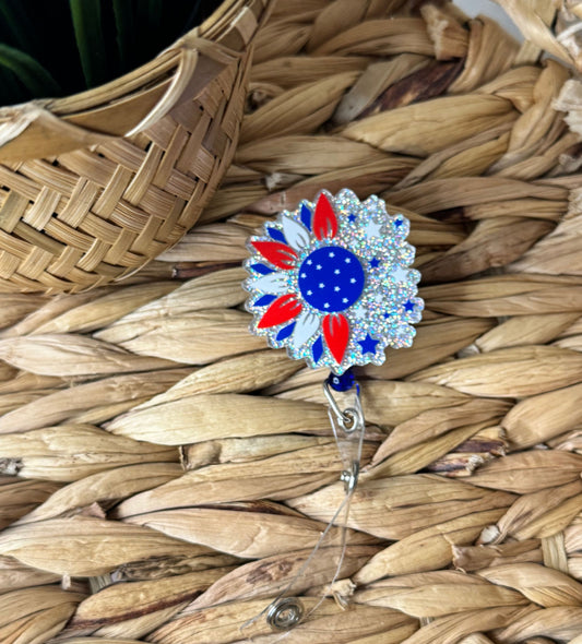 Fourth of July Sunflower Badge Reel on Blue Base