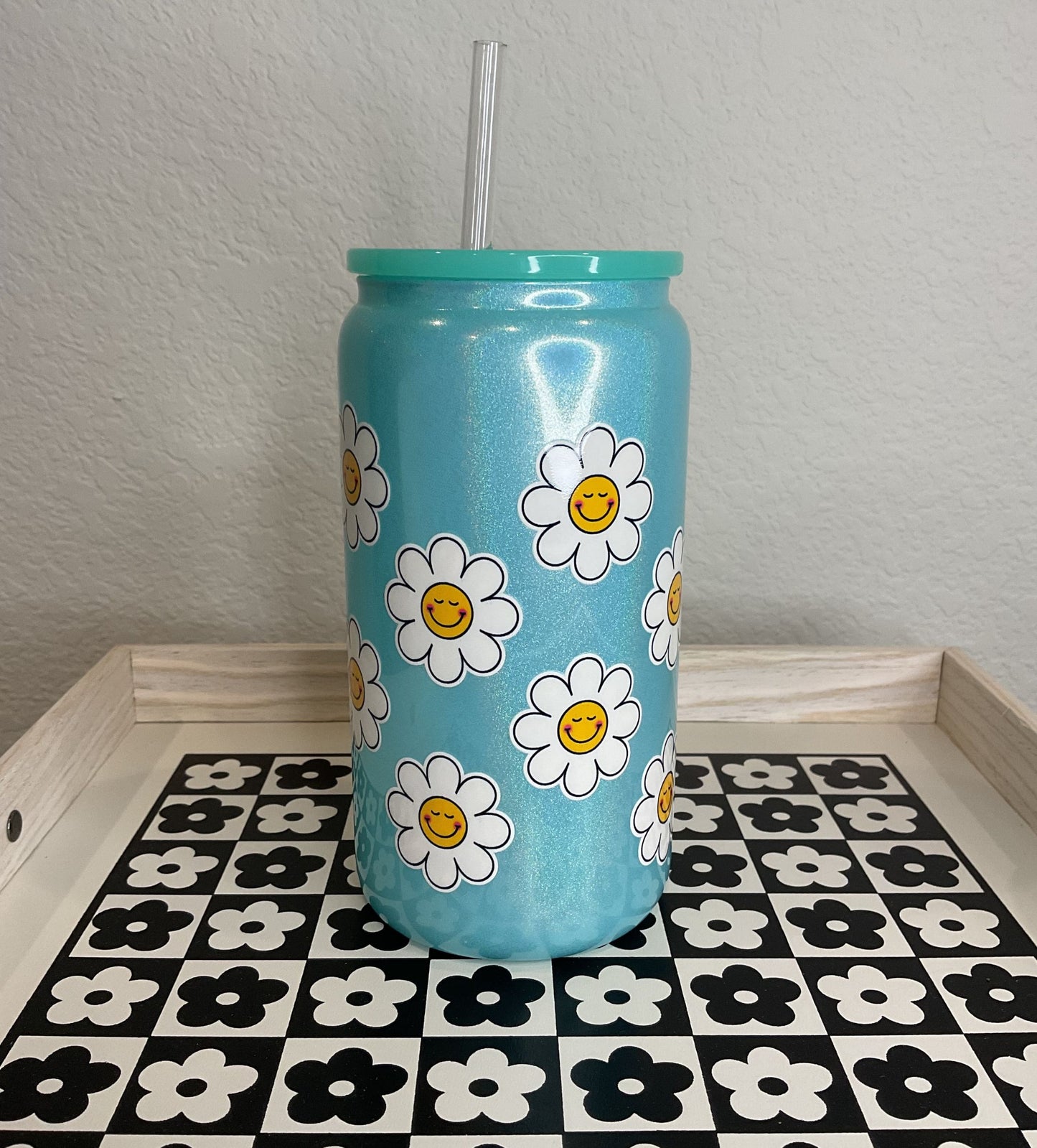 Teal Smiley Daisy 16oz Holographic Glass Cup